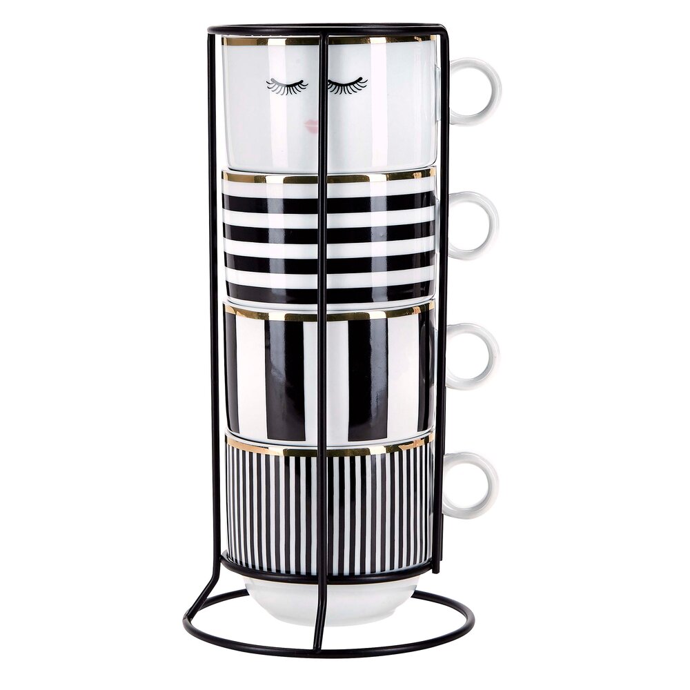 Kopper i stativ, 4 stk. - hvid/sort